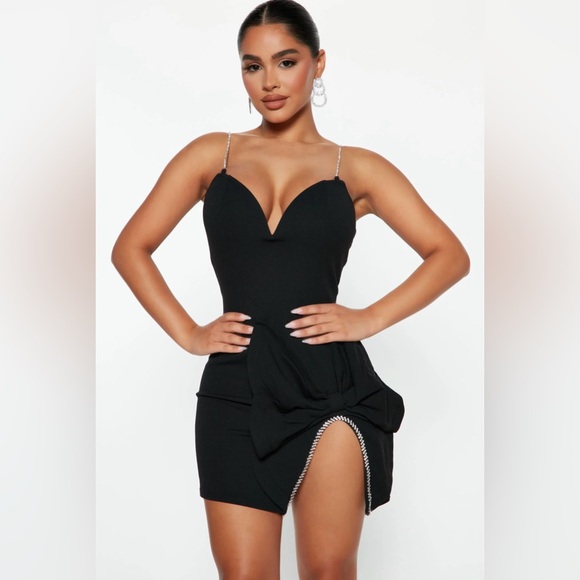 GORG BLACK MINI DRESS WITH BOW AND DIAMONDS RHINESTONES SIZE SMALL - Picture 1 of 3